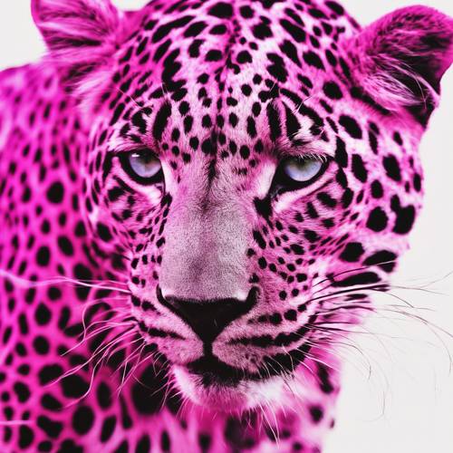 對一隻驕傲的豹子徘徊的輪廓進行超現實的詮釋，在白色背景下僅顯示其斑點的亮粉色印花。