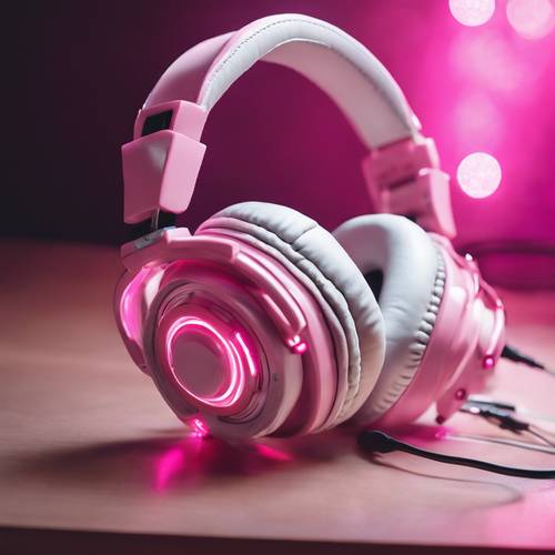“A pair of cat-ear headphones with pink glowing lights.”