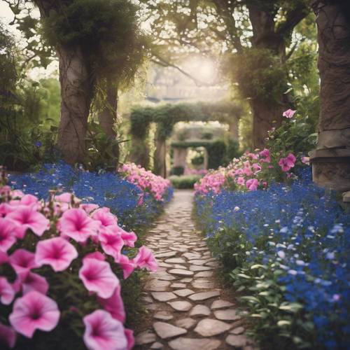 A botanical garden path lined with pink petunias and blue bellflowers.