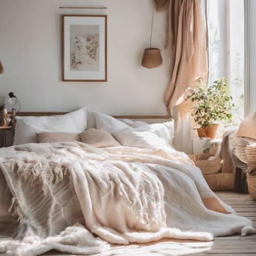 Kamar tidur yang terang dan diterangi matahari dengan dinding putih, tempat tidur besar dengan seprai berwarna pastel, dan permadani lusuh.