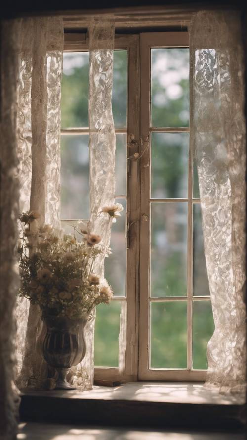 An open window with lace curtains fluttering in the breeze whispers 'Happiness often sneaks in through a door you didn't know you left open'. Tapéta [e8f09811996e4990a0bf]