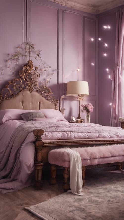 מסגרת חדר שינה שלווה עם קירות סגולים בהירים, מיטה עתיקה ואורות פיות רומנטיים.