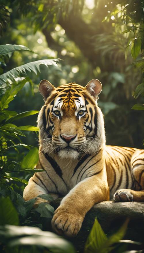 Ein goldener Tiger, der majestätisch im üppigen grünen Dschungel sitzt und dessen Fell von der sanften Morgensonne berührt wird.