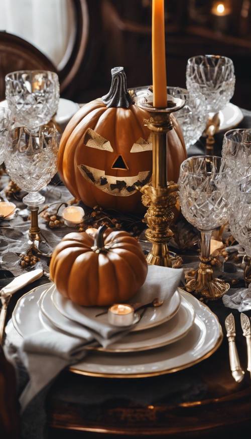 A close-up of a classy, preppy Halloween dinner table arrangement: ornate cutlery, elegant crystal glasses, and dainty pumpkin placeholders.