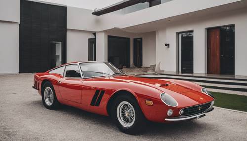 Uma Ferrari clássica estacionada em frente a uma casa moderna de arquitetura minimalista.