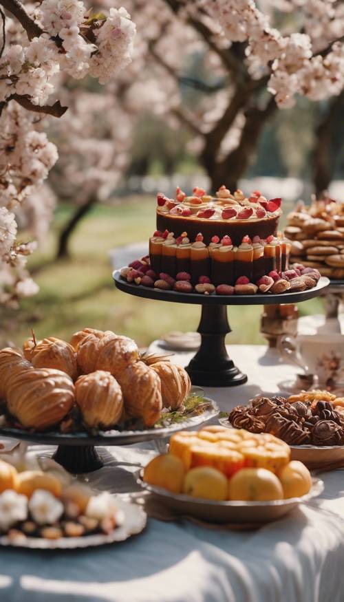 A whimsically decorated Thanksgiving dessert table with a variety of pastries and treats under blooming apple trees. Tapet [202c879cf39e493796fa]