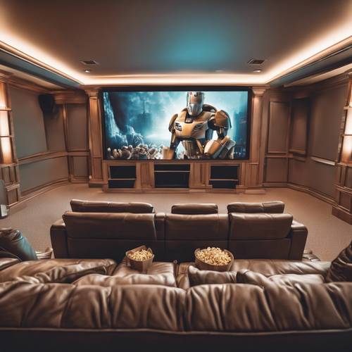 Um home cinema privativo de luxo com poltronas reclináveis ​​grandes e confortáveis, uma tela de projeção gigante exibindo um filme, uma máquina de pipoca e efeitos de luz reduzida.