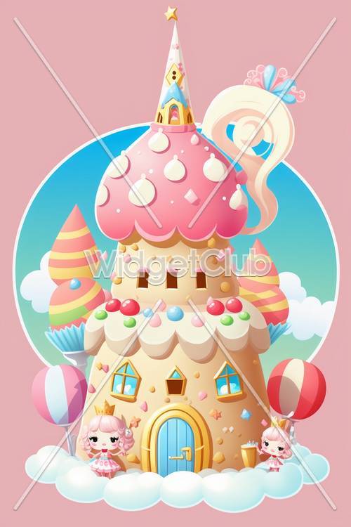Domek ze słodkimi cukierkami i latającymi balonami