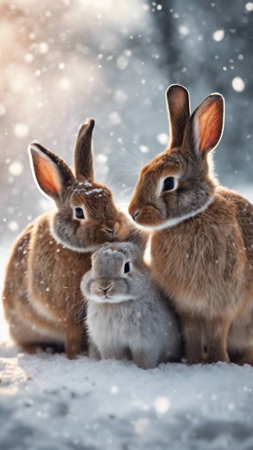 ครอบครัวกระต่ายรวมตัวกัน ขนของพวกมันปกคลุมไปด้วยหิมะแรกของฤดูหนาว