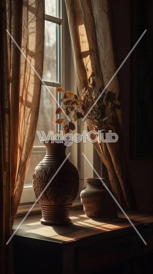 Scena accogliente della finestra con luce solare e vaso