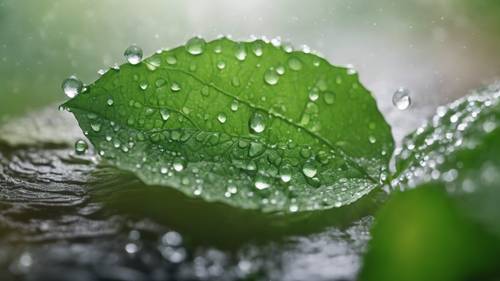 Una sola hoja verde con gotas de rocío comunica la sabiduría: &quot;Sé el cambio que deseas ver en el mundo&quot;.