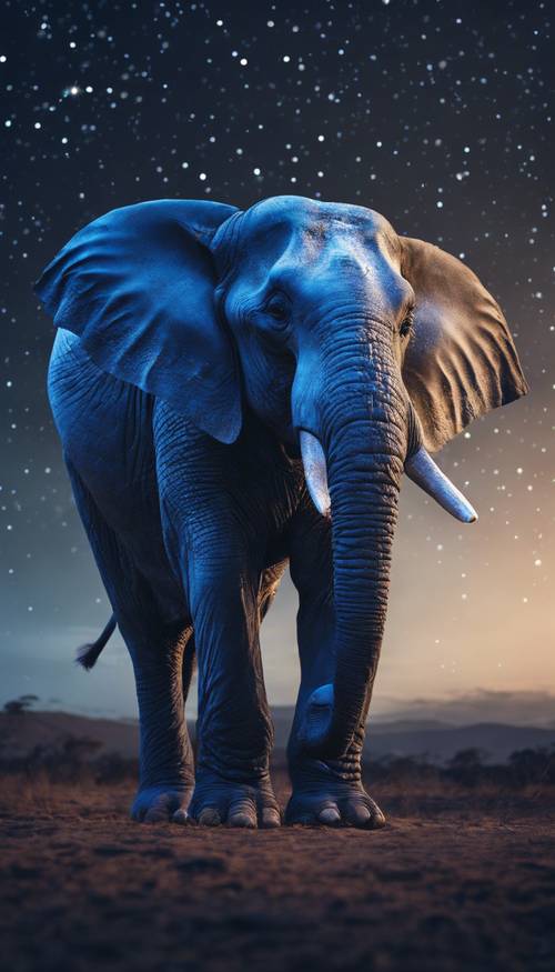 Một con voi xanh hùng vĩ đứng dưới bầu trời nửa đêm sâu thẳm.