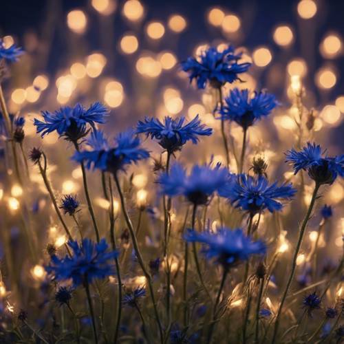 Un etereo motivo floreale di lucciole luminescenti raccolte attorno a fiordalisi blu notte.