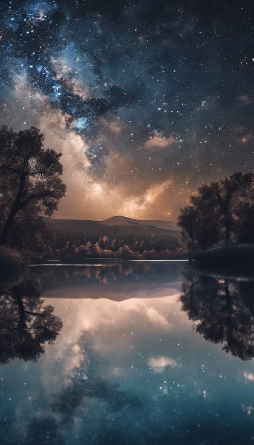 A galaxy filled sky on a starry night reflecting on a tranquil lake.