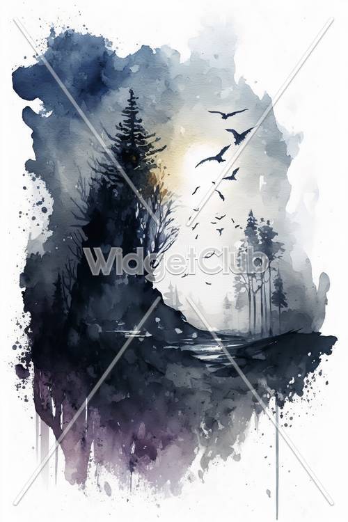 Scena mistica della foresta con uccelli e chiaro di luna