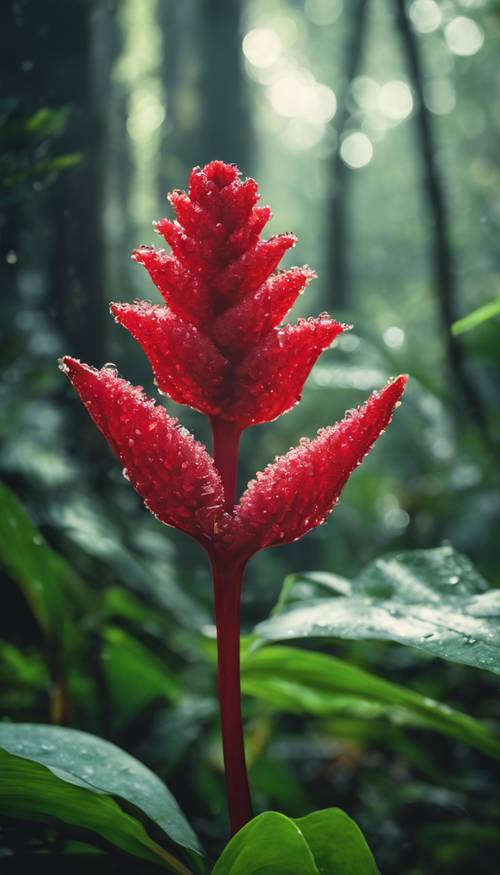 Ormanın yeşilliklerinin ortasında çiğle öpülmüş, canlı kırmızı zencefil çiçeğinin olduğu sabahın erken saatlerinden bir manzara.
