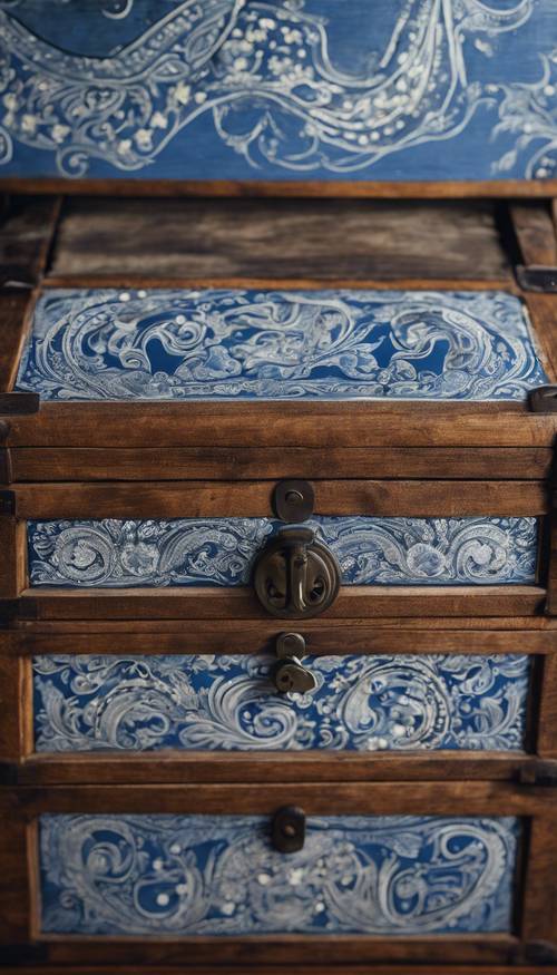 Hand-painted blue paisley motifs on an old wooden chest.