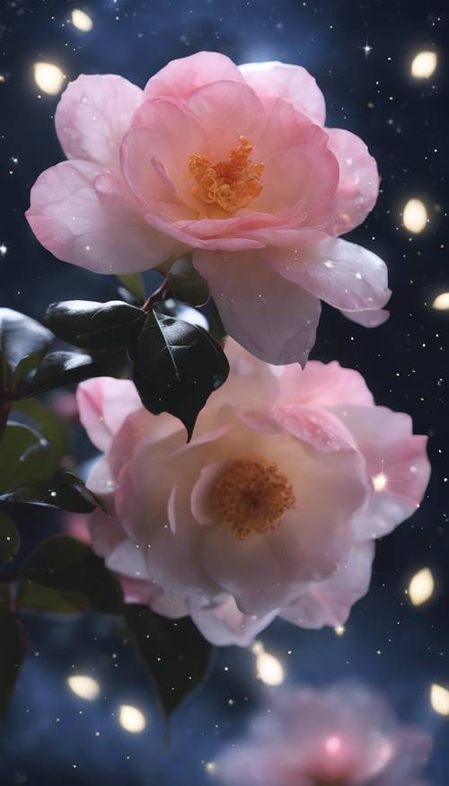 A glowing camellia flower against a starry midnight sky.
