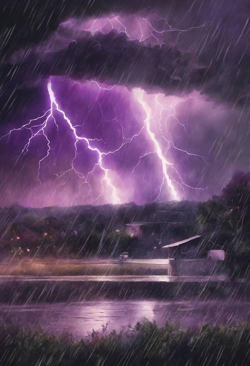 Акварельная картина сильной грозы с яркими ударами фиолетовой молнии