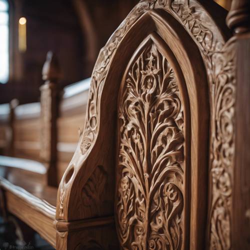 The detail of carved wooden pew end in a silent, tranquil church.