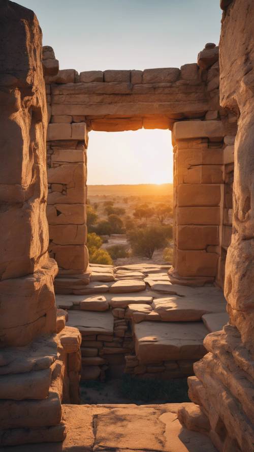 Una espectacular puesta de sol sobre ruinas antiguas, proyectando largas sombras sobre la piedra arenisca.
