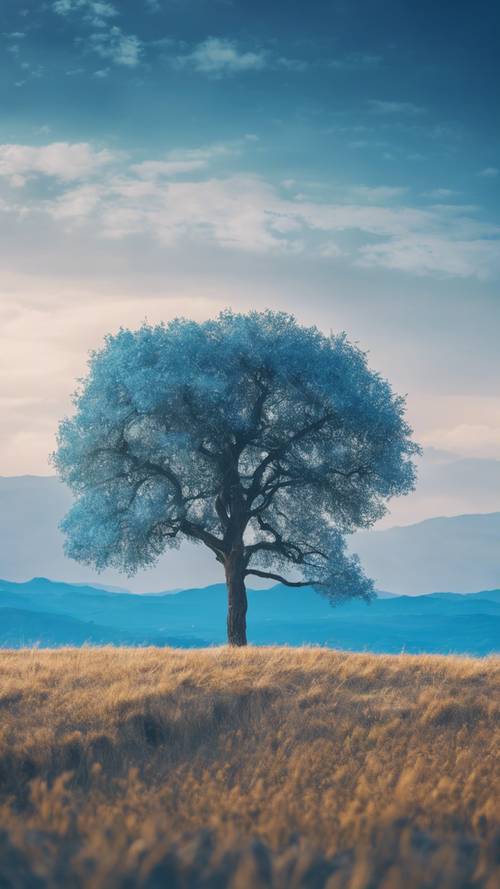 No coração de uma planície azul vibrante com uma árvore solitária destacando-se na imensidão.