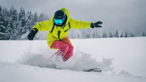 A snowboarder in bright neon gear carving through thick, fresh snow on an overcast day.