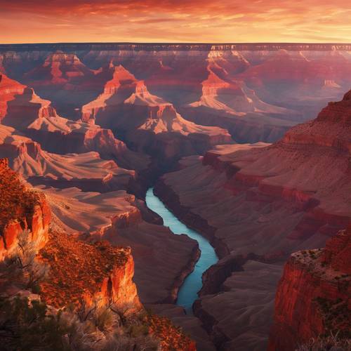 Lukisan bertekstur Grand Canyon saat matahari terbenam, menampilkan rangkaian warna merah dan oranye.