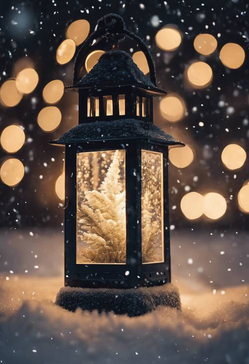 A peaceful winter night with snowflakes dancing in the soft glow of a lantern.