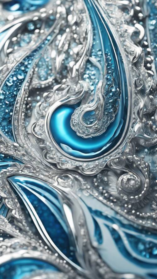 Desain paisley abstrak cantik yang menyerupai air mengalir, dengan warna biru indah dan putih kristal.