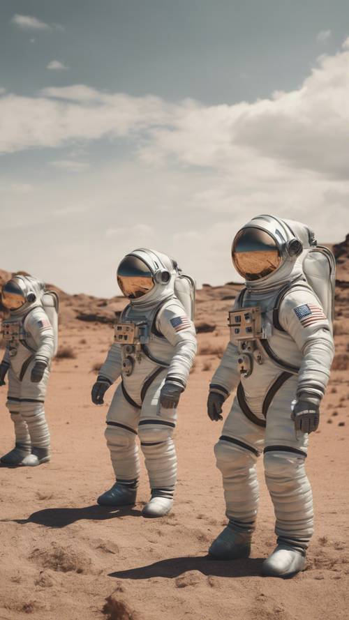 A group of astronauts in vintage spacesuits exploring an alien landscape.