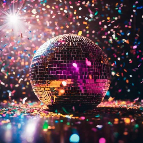Darkened room illuminated by the light of a disco ball, tiny multicolored confetti suspended mid-air.
