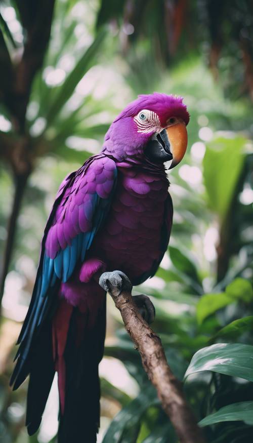 A cheeky purple parrot playfully mimicking human speech, surrounded by lush tropical greens