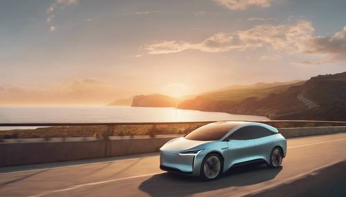 An autonomous electric car driving along a scenic coastal road at sunset. Tapet [02f26a1a04844432a98e]
