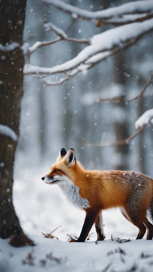 Nieoczekiwane spotkanie rudego lisa i śnieżnobiałego królika w zaśnieżonym lesie.