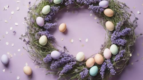 Karangan bunga musim semi yang halus terbuat dari telur paskah berwarna pastel dan tangkai lavender segar.