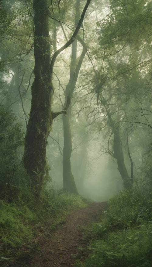 Un paesaggio mattutino di una foresta nebbiosa con tutti gli elementi in varie tonalità di verde salvia.