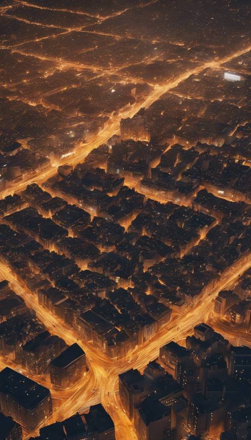 Eine Luftaufnahme einer weitläufigen Stadt, getaucht in den goldenen Schein der Straßenlaternen, die ein Netzwerk aus elektrischen Adern bildet, die sich in die Nacht ausbreiten.