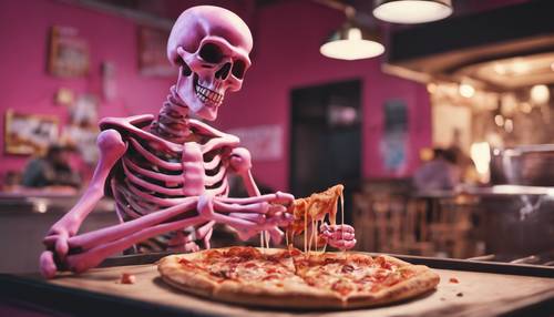 一个淘气的粉色骷髅从一家熙熙攘攘的披萨店偷走了一片披萨。