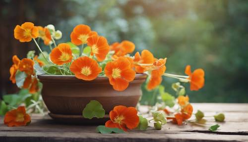 A pot of freshly picked nasturtium flowers, resting on a wooden table.