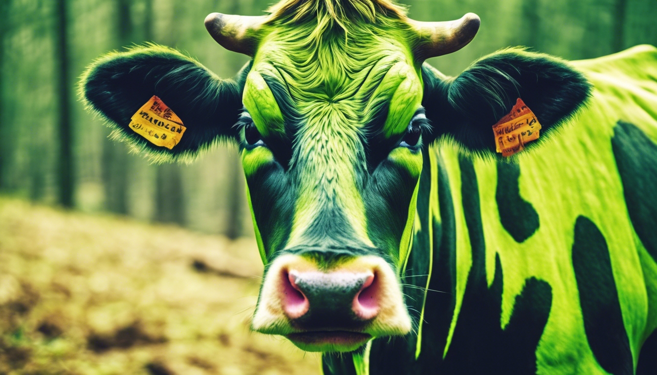 Stylized pop art of a cow with a bold, psychedelic pattern of lime and forest green. ورق الجدران[67baa4e460e341438ab9]