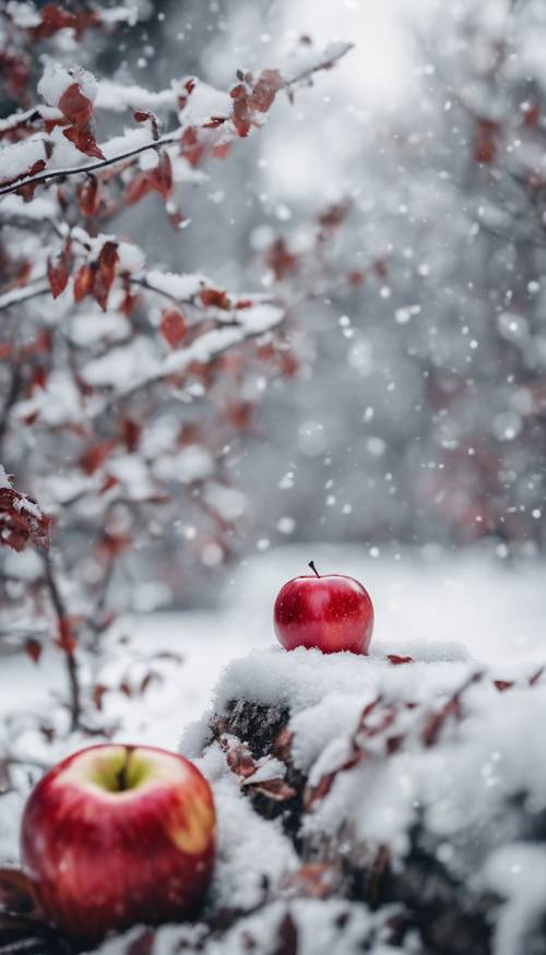 Uma maçã vermelha brilhante adornada com folhas prateadas aninhada em um leito de neve.