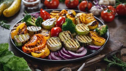 Piatto di verdure grigliate e proteine ​​magre, che rappresenta una dieta a basso contenuto di carboidrati per dimagrire.