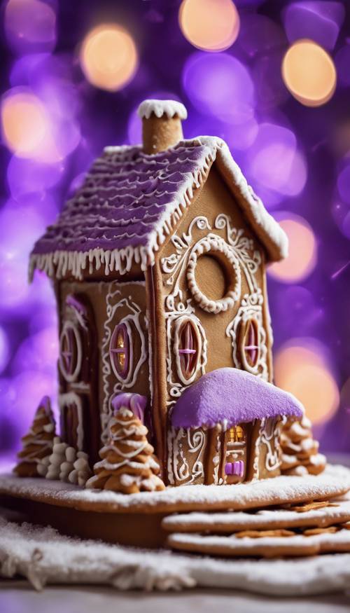 Une maison en pain d&#39;épices complexe avec des détails de glaçage violet, sur fond de Noël.