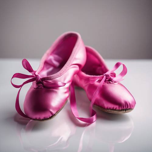 A hot pink pair of ballet shoes placed on a pure white background.