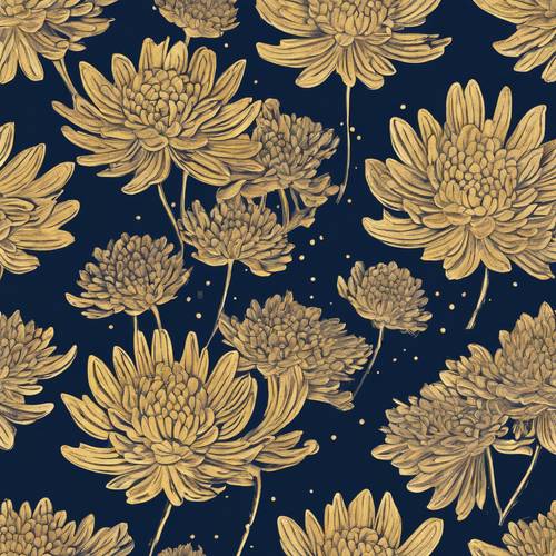 Ein traditioneller japanischer Holzschnitt, der abstrakte, goldene Chrysanthemen auf einem nachtblauen Hintergrund zeigt.