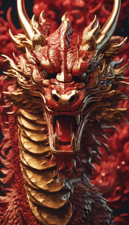 Un drago cinese rosso e oro in stile arte astratta.