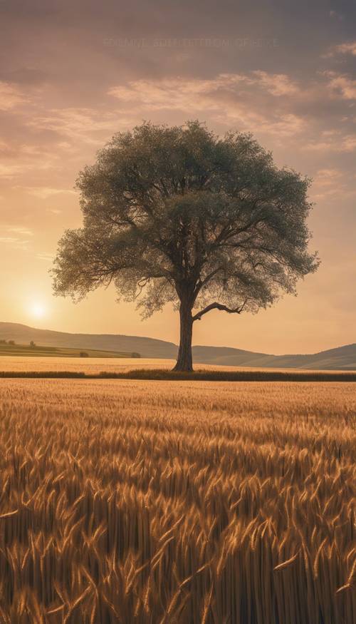 A lone tree in the middle of a serene wheat field at sunrise. Tapet [1e08d01d29664453b549]