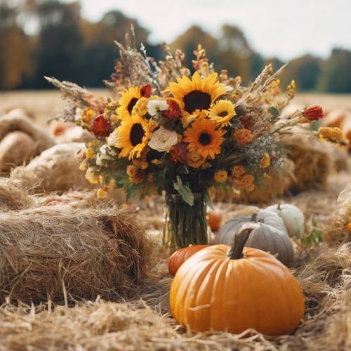 Праздник осеннего урожая с тюками сена и веселыми букетами свежесорванных осенних цветов. Обои [b4f812564ab7491da20e]
