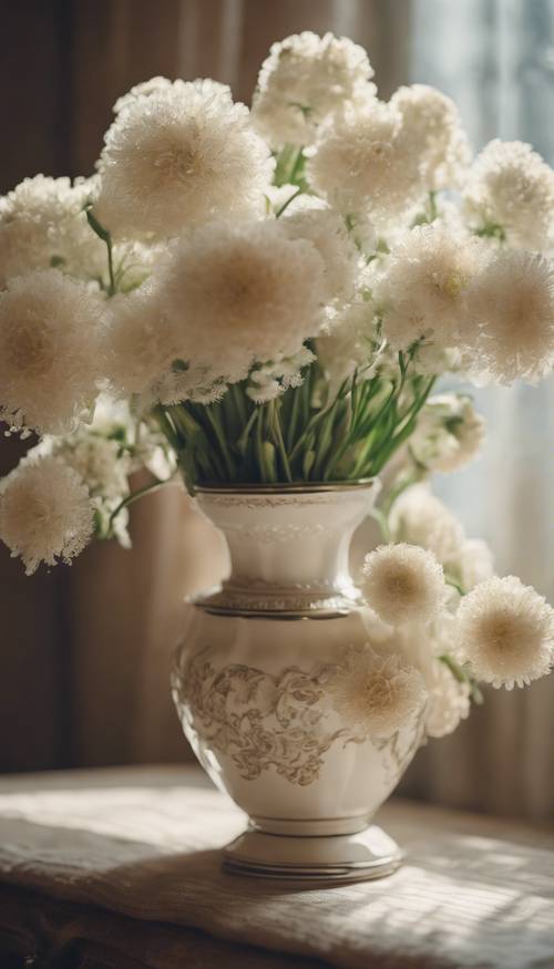 Ein Strauß zarter cremefarbener Blumen, elegant arrangiert in einer Vintage-Vase.